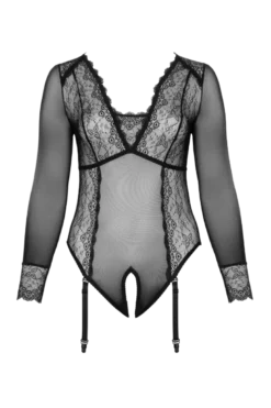 Langarm-Strapsbody schwarz Plus Size