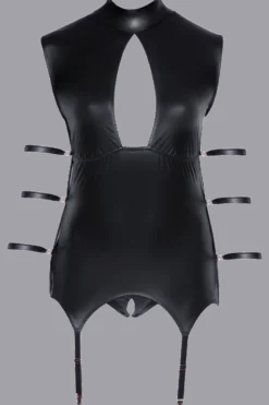 schwarzes Bondage Wetlook Strapshemd Plus Size