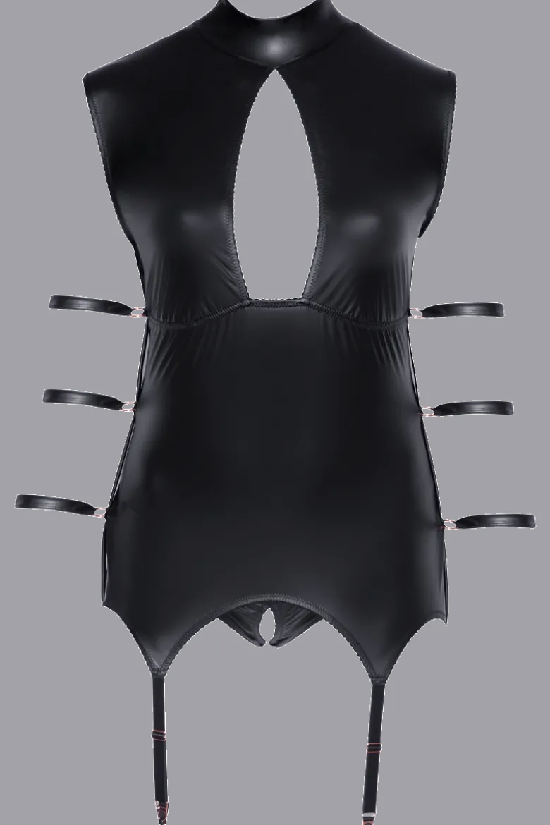 schwarzes Bondage Wetlook Strapshemd Plus Size