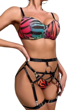 4tlg. Dessous Set Animalprint bunt