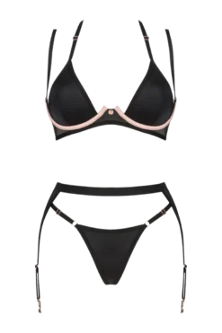 3tlg. Dessous Set beige schwarz