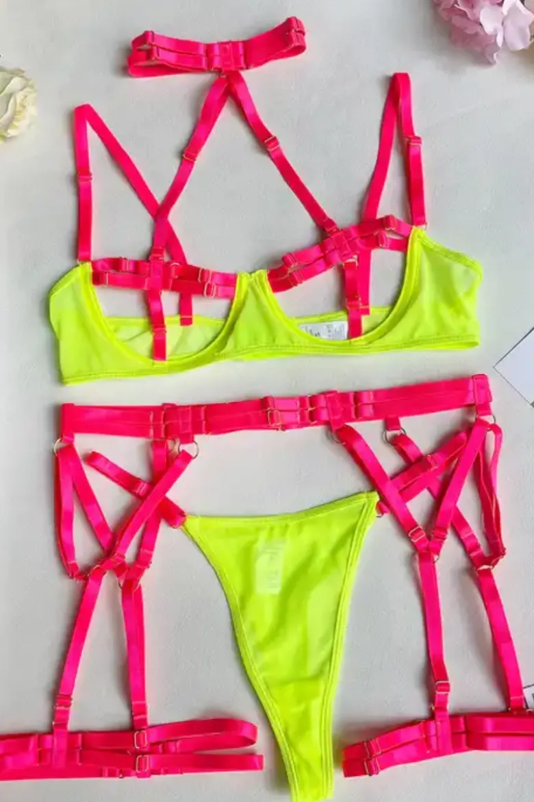 4tlg. Dessous Set mit Bändern - neon