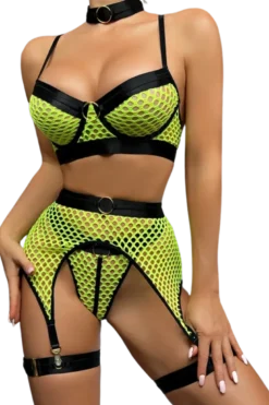 5tlg. Dessous Set mit Netz schwarz neon