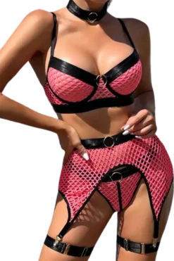 5tlg. Dessous Set mit Netz schwarz pink