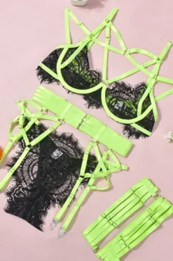4tlg. Dessous Set mit Netz schwarz neon