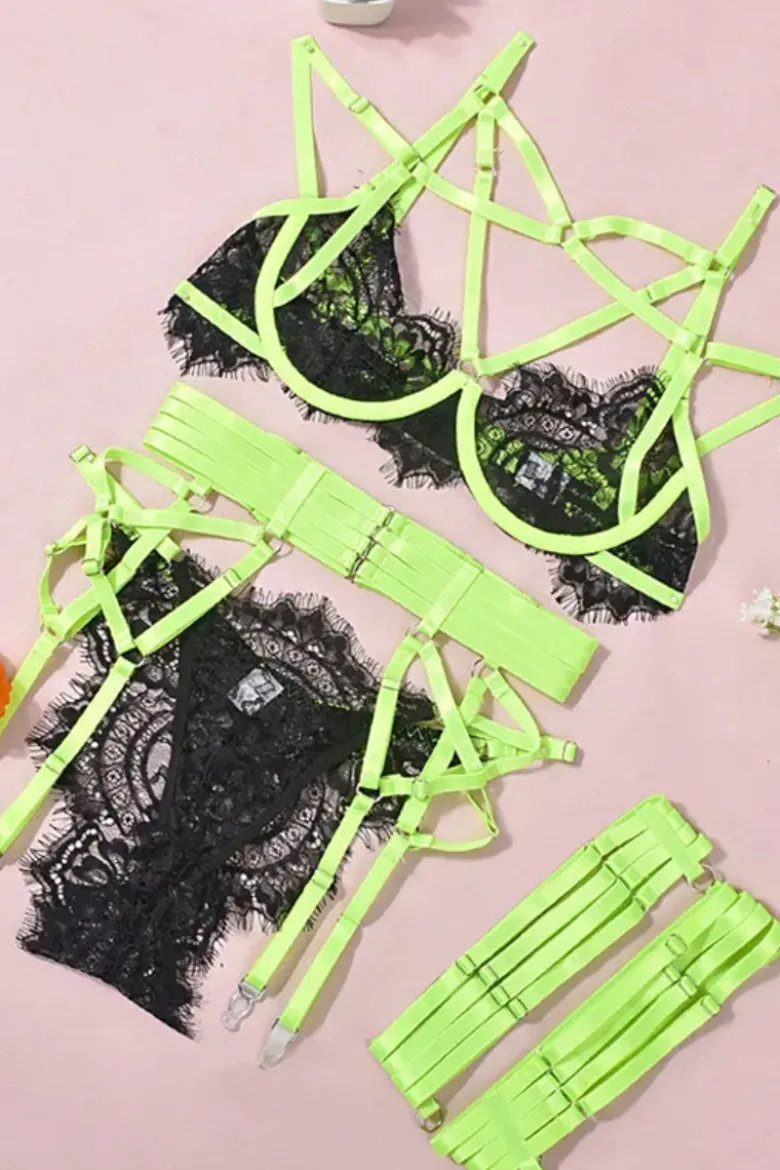4tlg. Dessous Set mit Netz schwarz neon