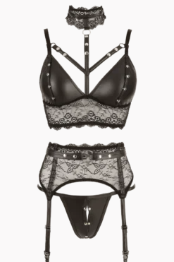 3tlg. Dessous Set mit Wetlook und Nieten