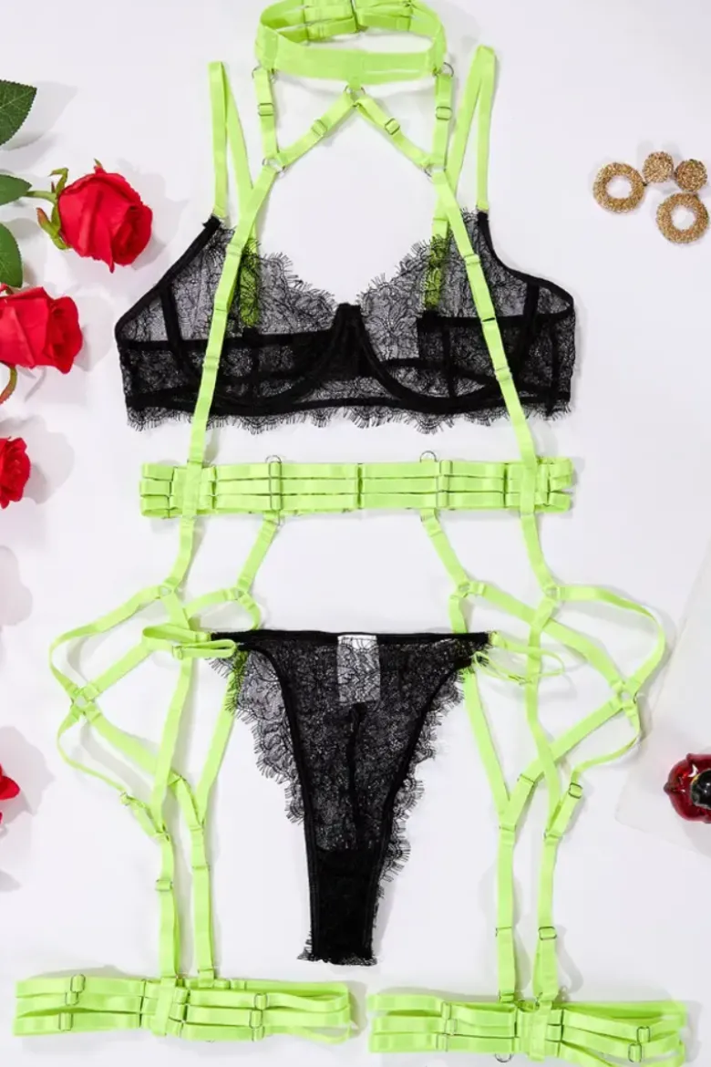 3tlg. Dessous Set neon schwarz