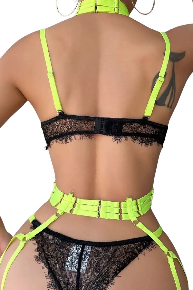 3tlg. Dessous Set neon schwarz