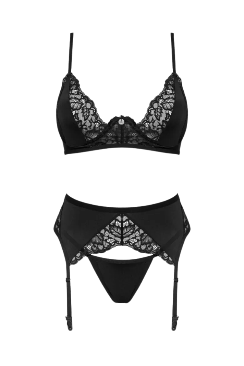 3tlg. Reizwäsche Set mit Spitze schwarz